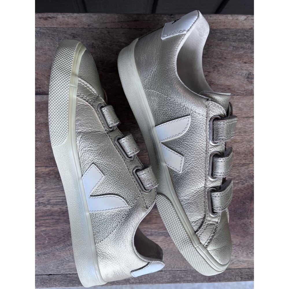 Veja Recife White Gold Platine Leather Sneakers Velcro Womens Size 5
